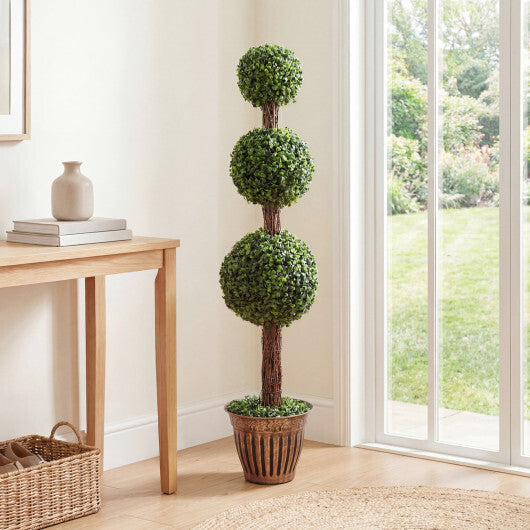 4 FT Artificial Triple Ball Boxwood Tree with Cement-filled Retro Planter Set of 2-Green