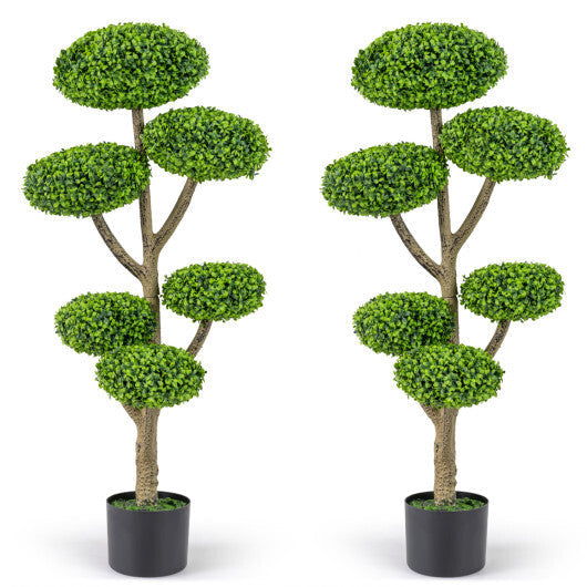 Set of 2 Indoor Outdoor 6 Balls Topiary Tree with Realistic Trunk and Weighted Cement-Filled Base