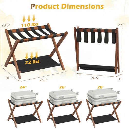 Solid Rubberwood Folding Luggage Rack with Nylon Shelves Set of 2-Brown