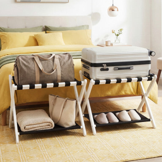Solid Rubberwood Folding Luggage Rack with Nylon Shelves Set of 2-Brown