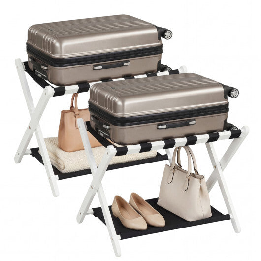 Solid Rubberwood Folding Luggage Rack with Nylon Shelves Set of 2-Brown