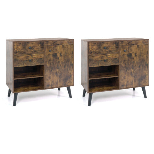 Set of 2 31" Buffet Cabinet with 2 Drawers and Open Compartments for Kitchen-Rustic Brown