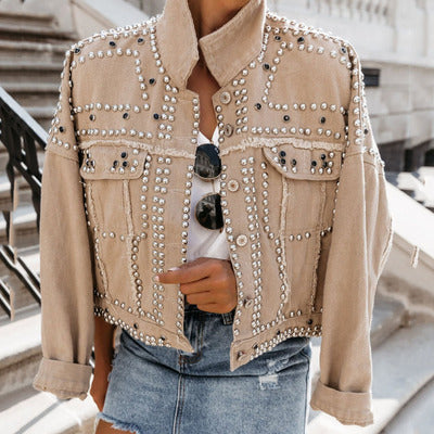 Washed denim rivet jacket street fighter motorcycle style