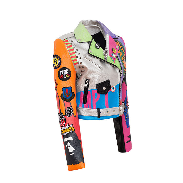 Punk Style Graffiti Printed Motorcycle Jacket for Women - Faux Leather Biker Coat with Beads & Rivets (Silver, S-XXXL)