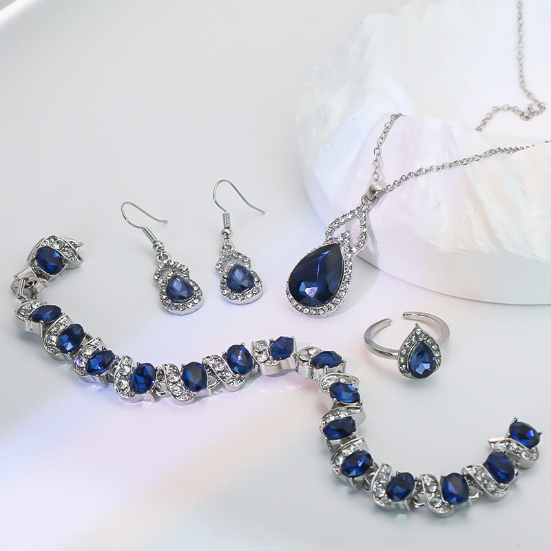 Light Luxury Zircon Necklace Earrings Open Ring Jewelry Suit