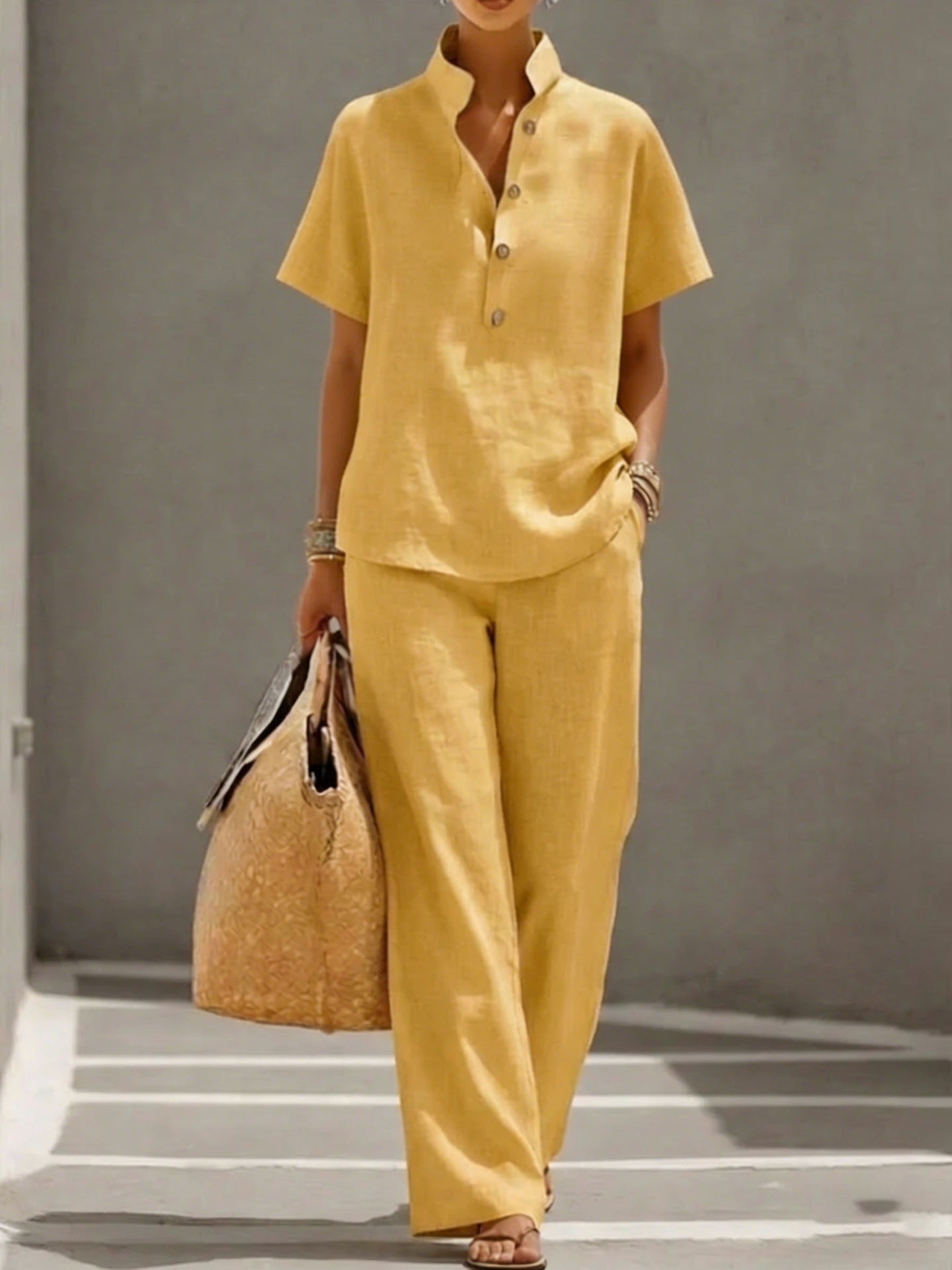 Casual Lazy-Style Cardigan Short-Sleeve Pants Solid-Color Set