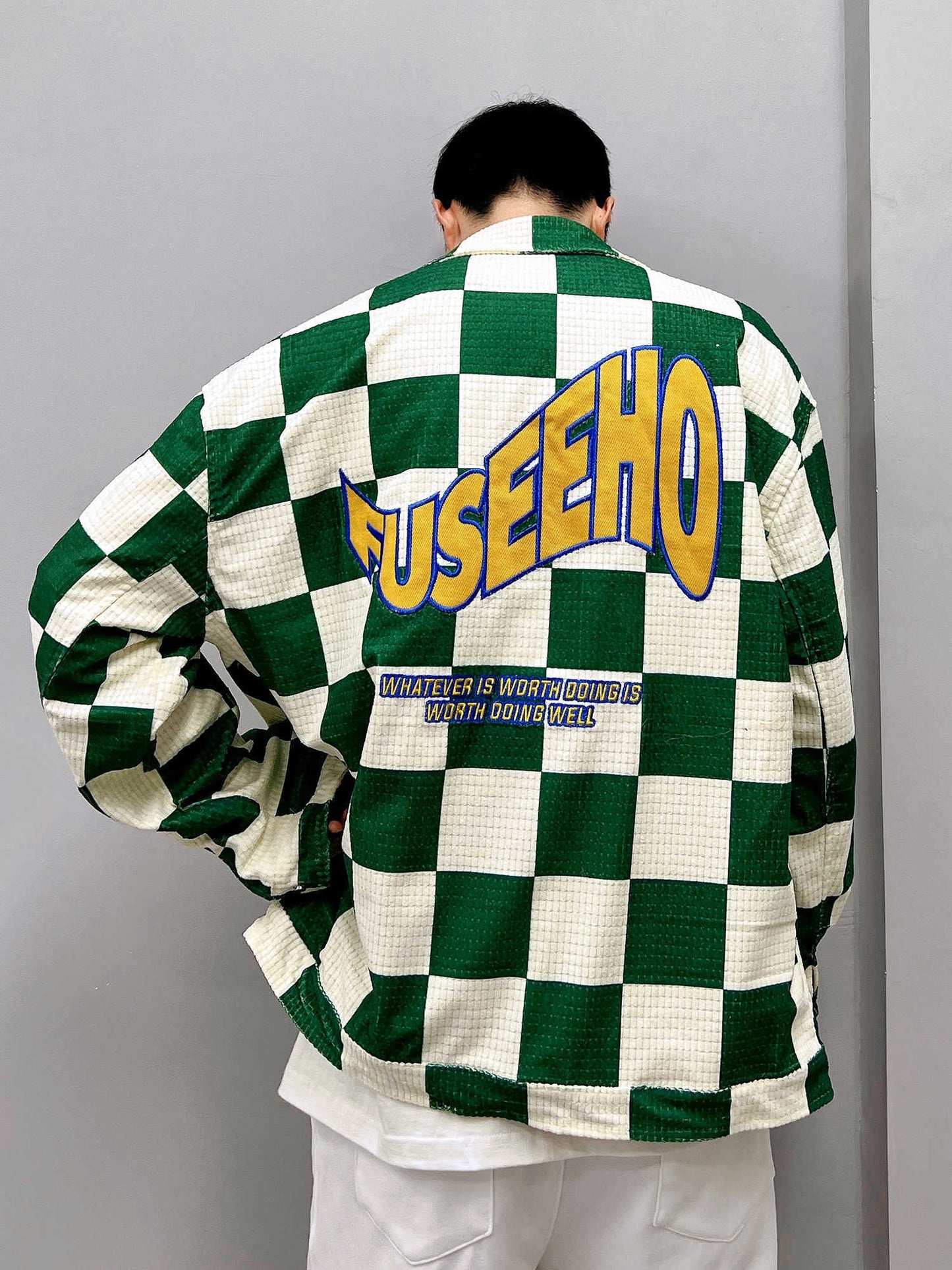 Retro Green Plaid Lapel Jacket - Loose Fit Printed Polyester Casual Coat