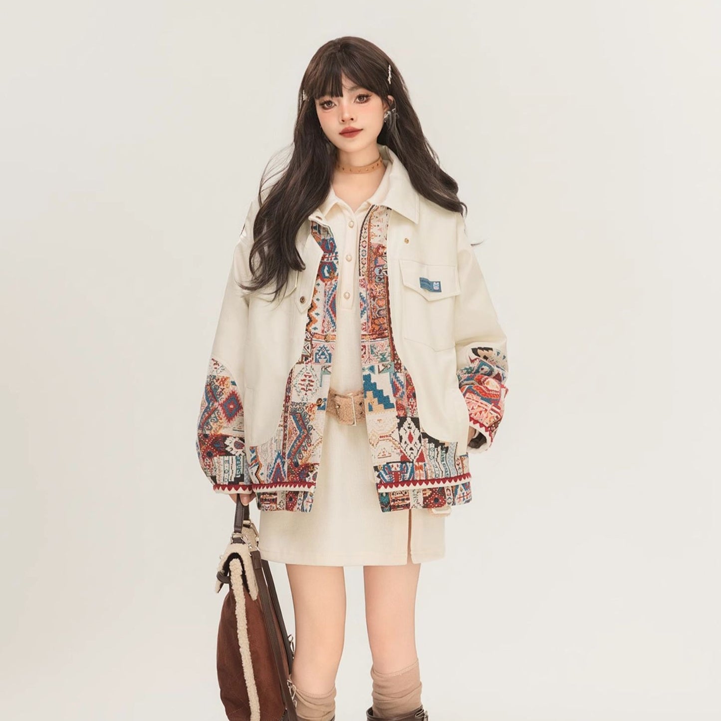 Jacquard Splicing Motorcycle PU Leather Jacket