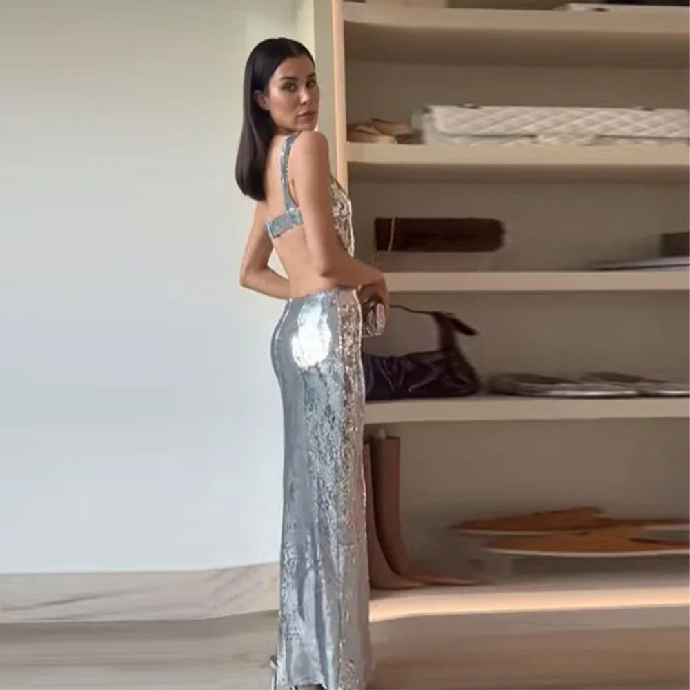 Silver Sequin Halter Dress