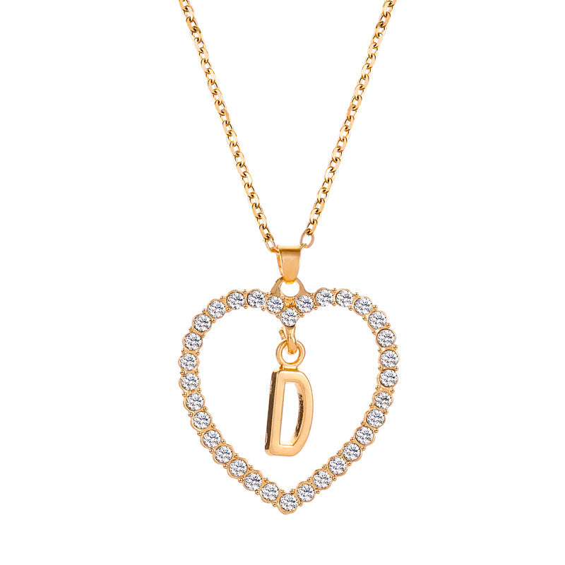 Womens Stylish & Minimalist Diamond-Encrusted 26-Letter Heart Pendant Necklace