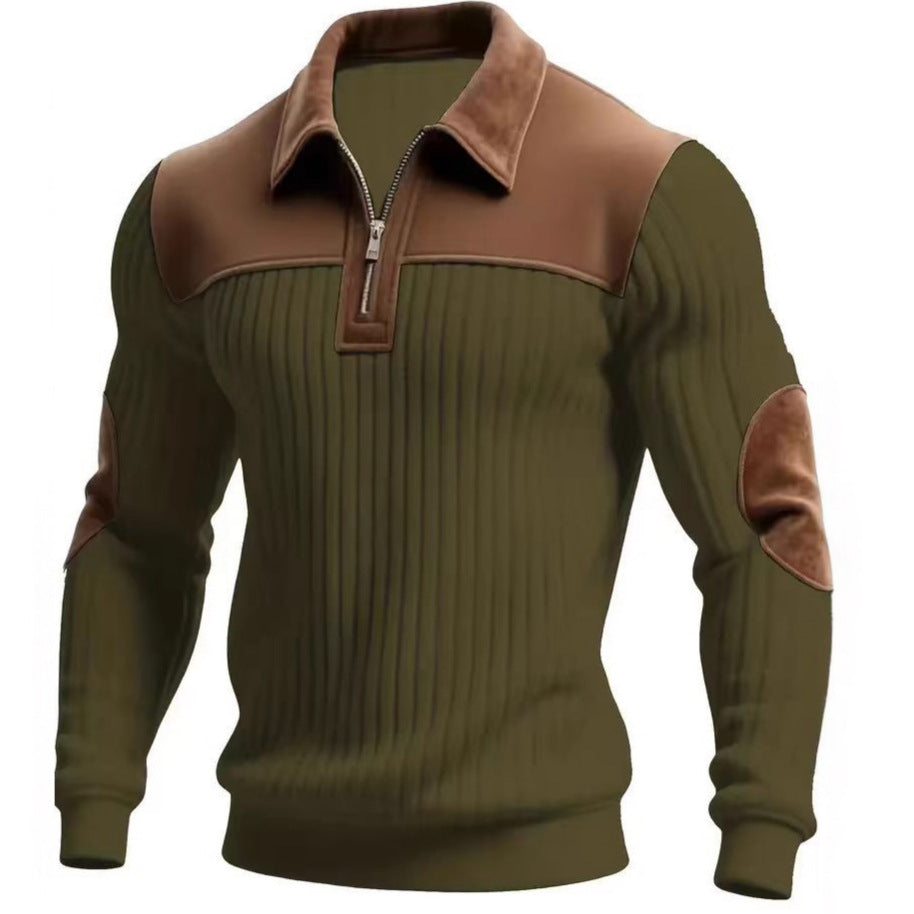 Notched-collar Patchwork Knit Top With Embroidered Zipper Hoodie