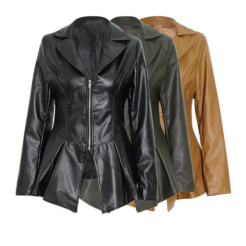 Women's Ruffled Hem PU Leather Jacket - Slim-Fit Motorcycle Style Coat with Suit Collar (Polyester/Spandex Blend)