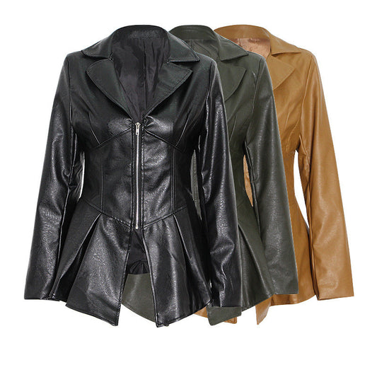 Women's Ruffled Hem PU Leather Jacket - Slim-Fit Motorcycle Style Coat with Suit Collar (Polyester/Spandex Blend)