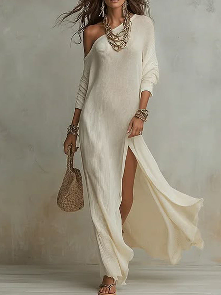 Elegant Long-Sleeve Knitted Split Dress For Women