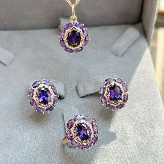 Gulkina Purple Gold Ring Earrings Necklace Amethyst Ornament Suit