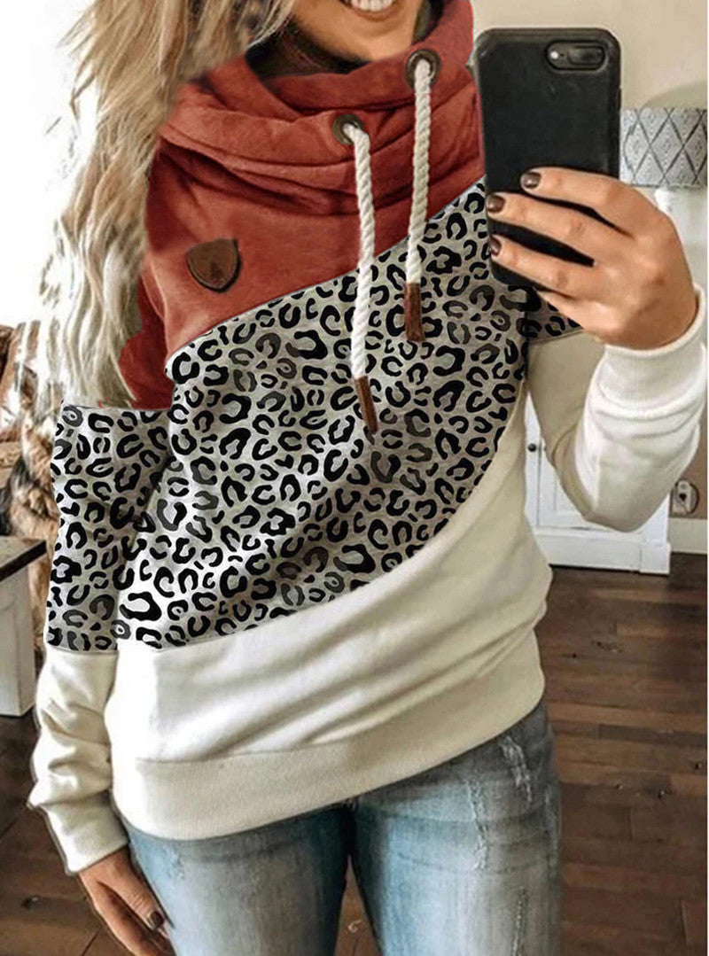 Printed stitching hooded fleece loose sweatshirt