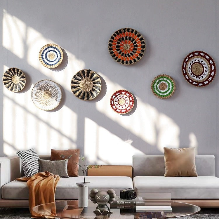 Woven Straw Wall Decor Round Living Room Ornament Wall Hanging