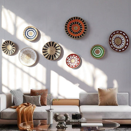 Woven Straw Wall Decor Round Living Room Ornament Wall Hanging