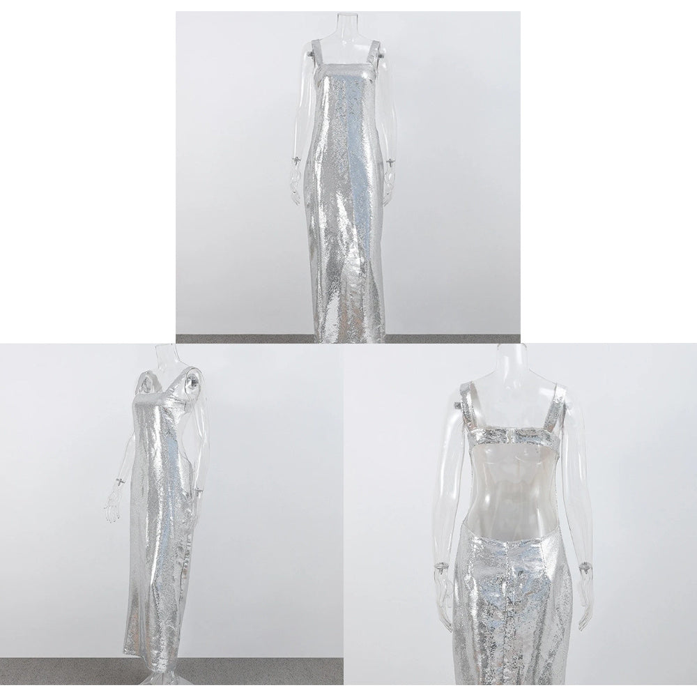 Silver Sequin Halter Dress