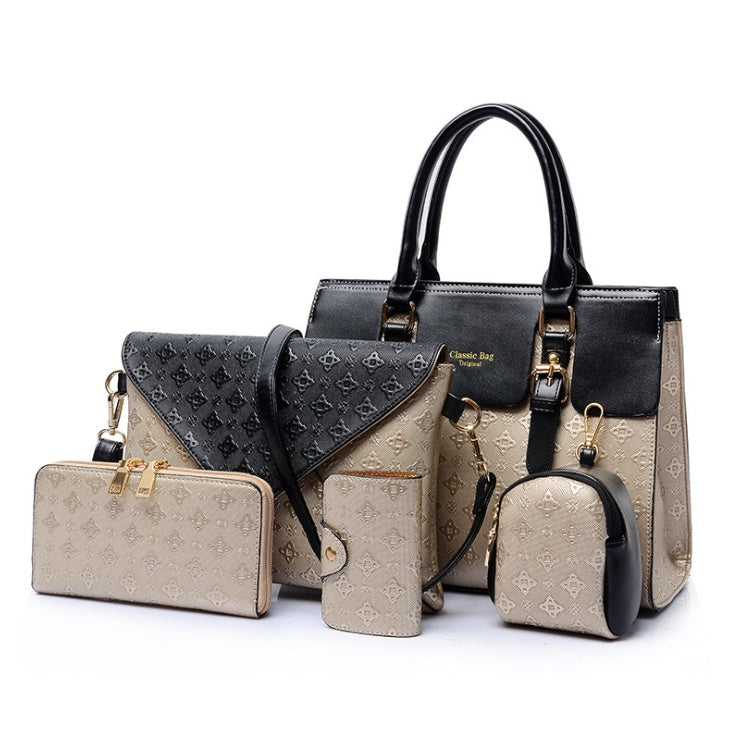 Luxury PU Leather Handbag Set for Women - Black Multi-Functional Crossbody Bags with Zip Pockets (Black/Gold/Blue/White Accents)
