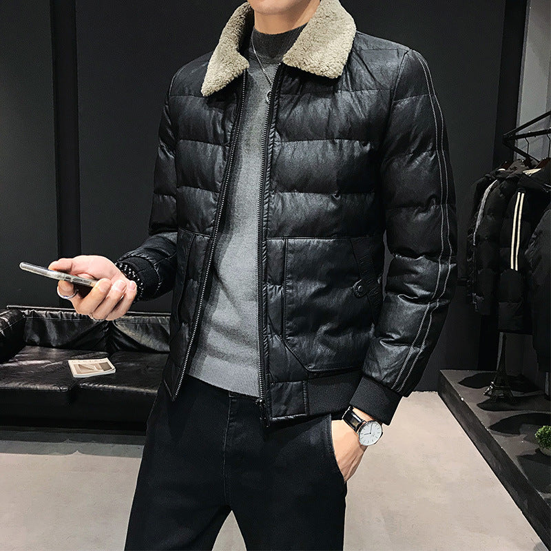 2019 Winter Men's Fashion Slim Lamb Wool Collar Jacket