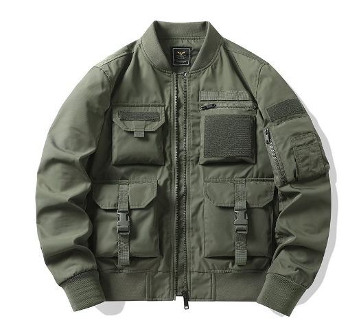 Graffiti Print Multi-Pocket Work Jacket with Ribbon Collar