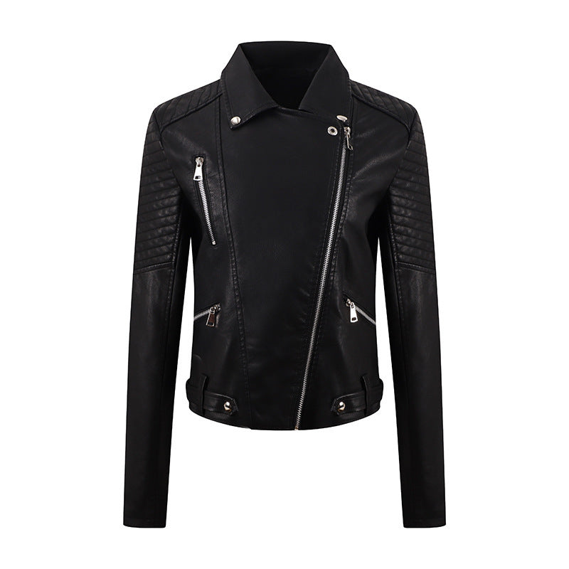 Women's Distressed PU Motorcycle Jacket - Slim Fit Biker Coat with Adjustable Belt (Black/Chocolate/Wine Red/Milky White, M-XXL)
