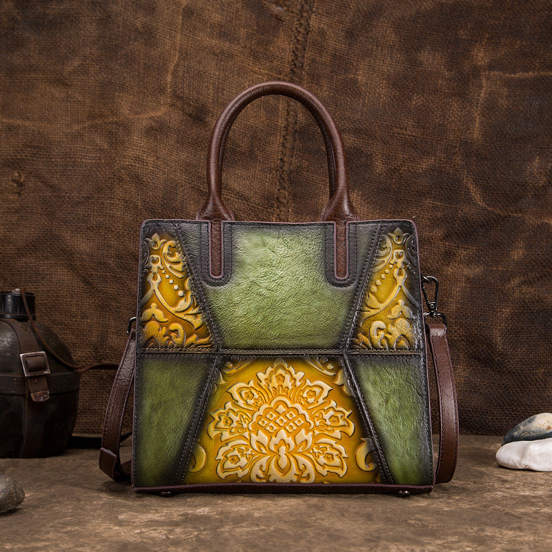 Vintage Tree Embossed Leather Handbag - First Layer Cowhide Retro Women's Purse with Floral Hand-Painting (25x23x11cm)