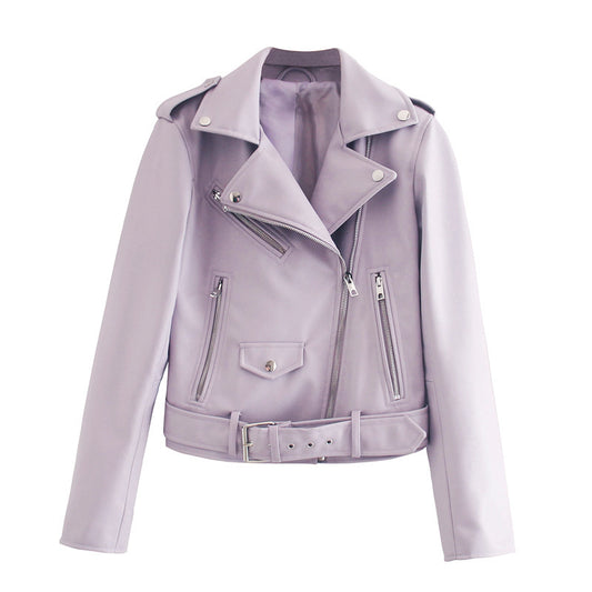 Women's Belted Motorcycle Jacket - Street Hipster Faux Leather Coat with Suit Collar (Black/Purple/Beige, XS-L)
