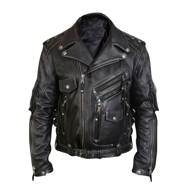Men's Leather Jacket with Zipper and Multi-Pockets