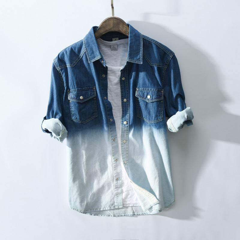 Men's Gradient Color Denim Shirt Jacket with Pockets