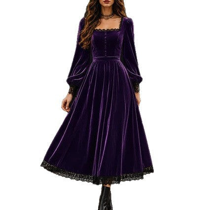Square-neck Lace-panel Velvet Dress