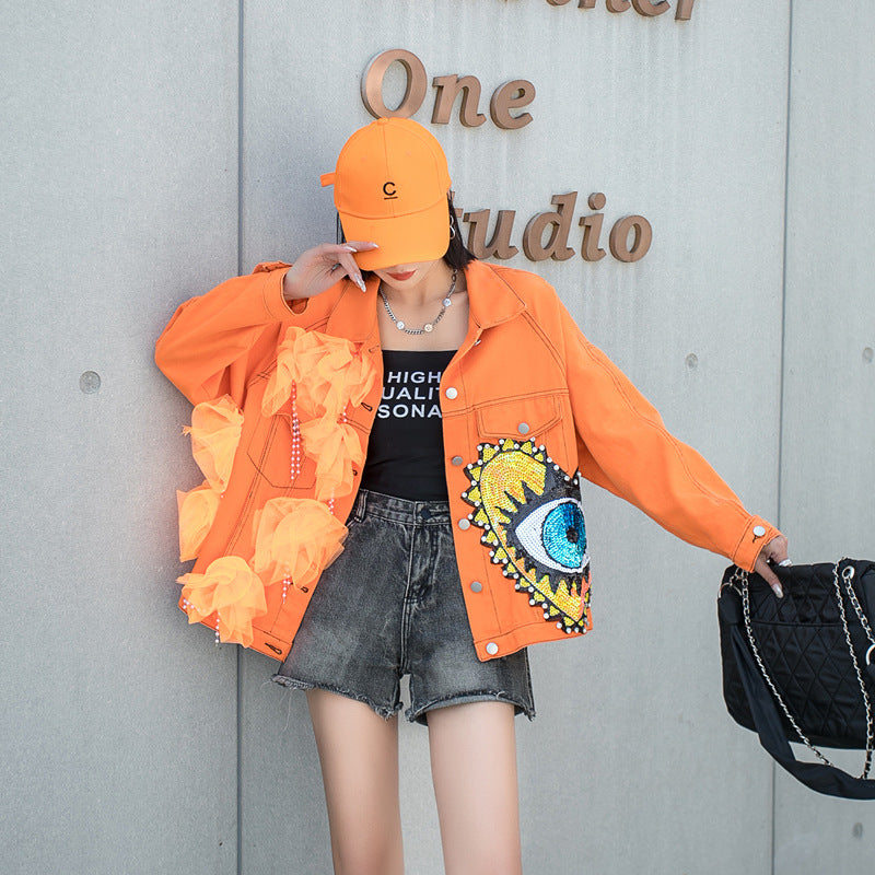European Style 2022 Spring Autumn Sequin Denim Jacket