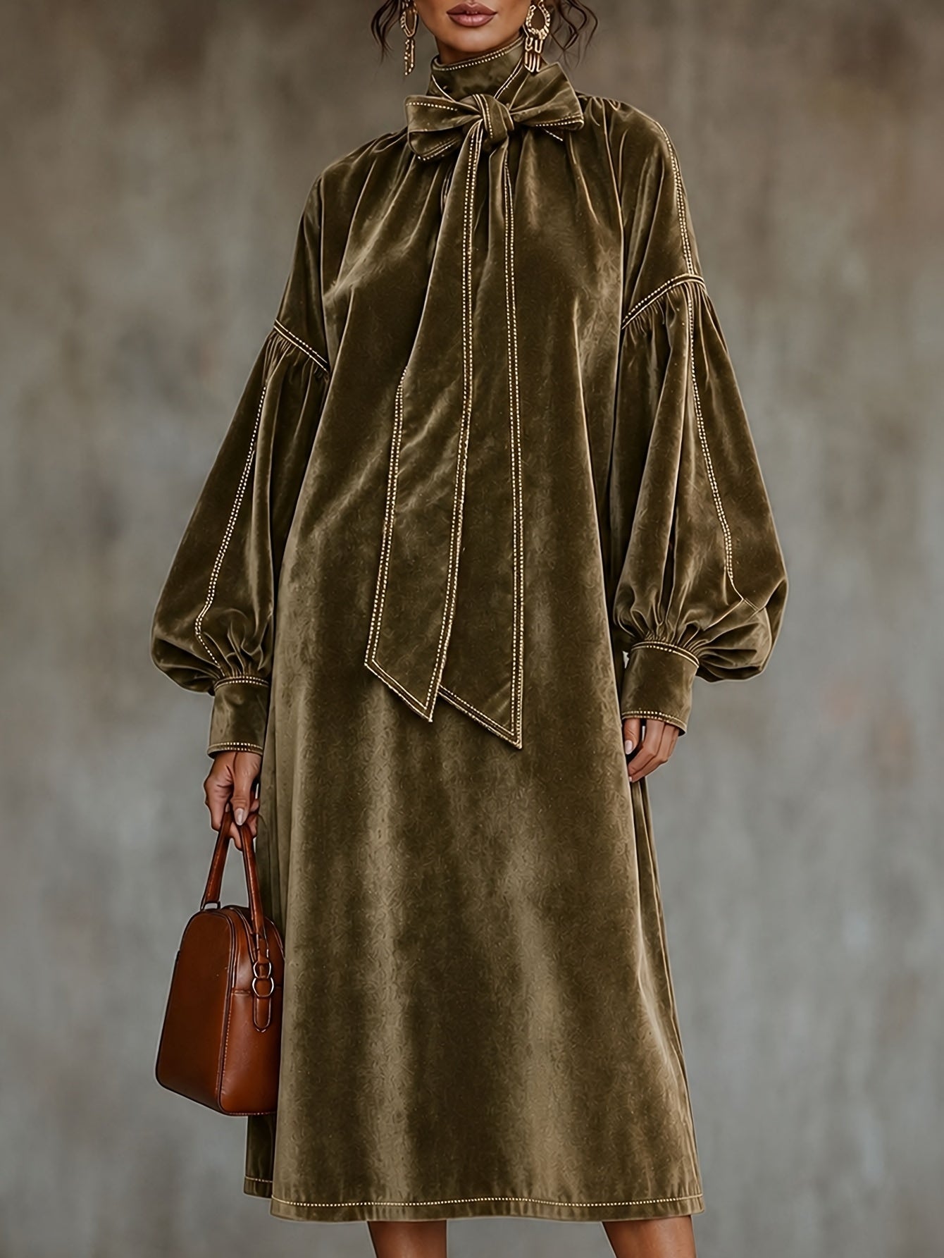New High-neck Velvet Dress With Bow