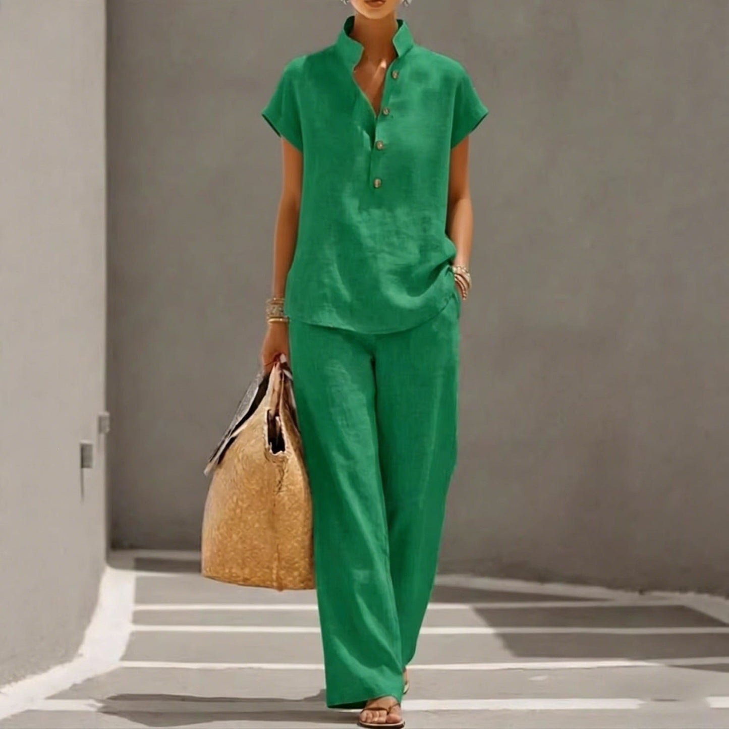 Casual Lazy-Style Cardigan Short-Sleeve Pants Solid-Color Set