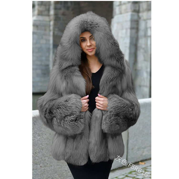 Women's Fur Coat Large Size Hooded Warm Fur Mid-Length Fox Fur Coat