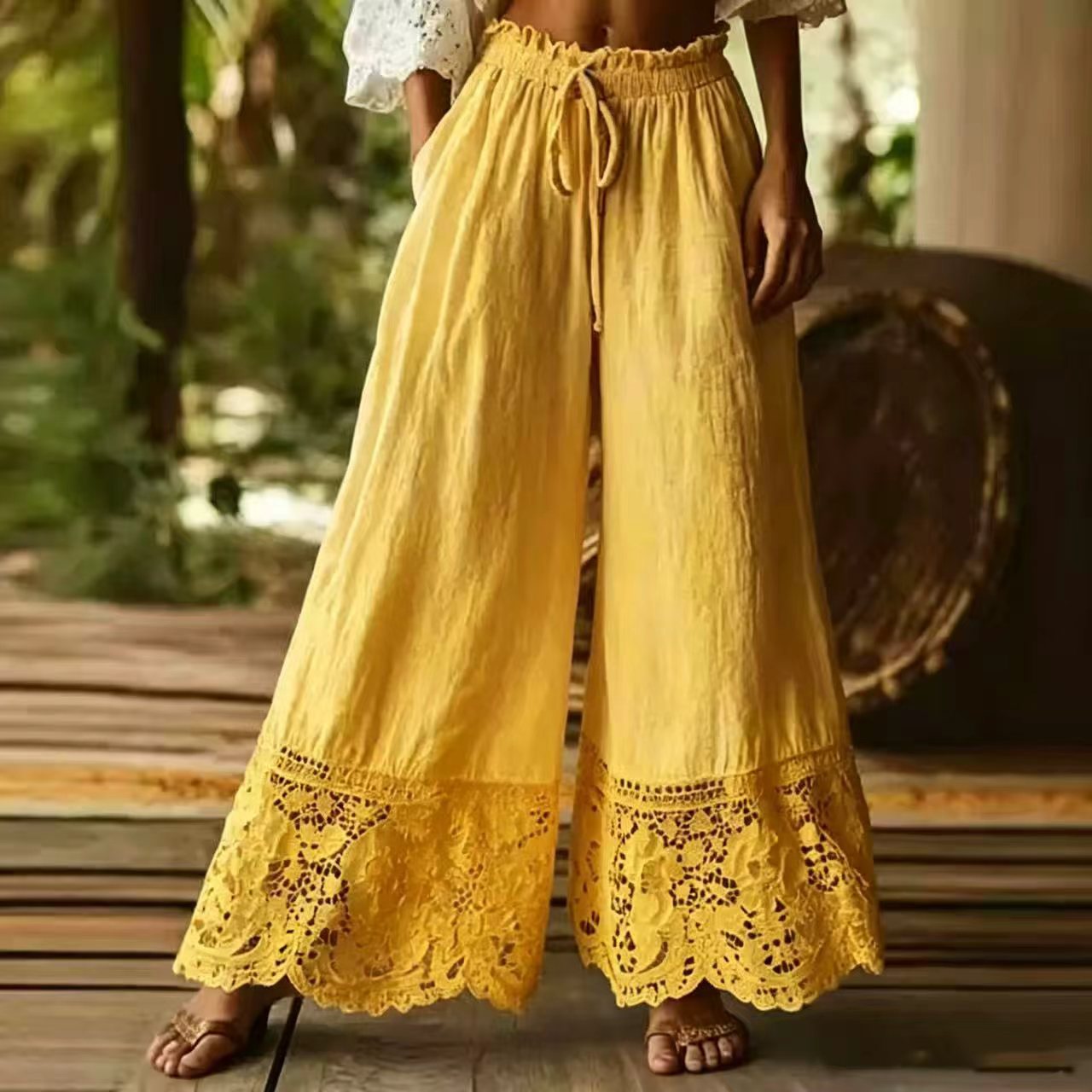 Fashionable Solid-Colored Lace-Trimmed Womens Pants