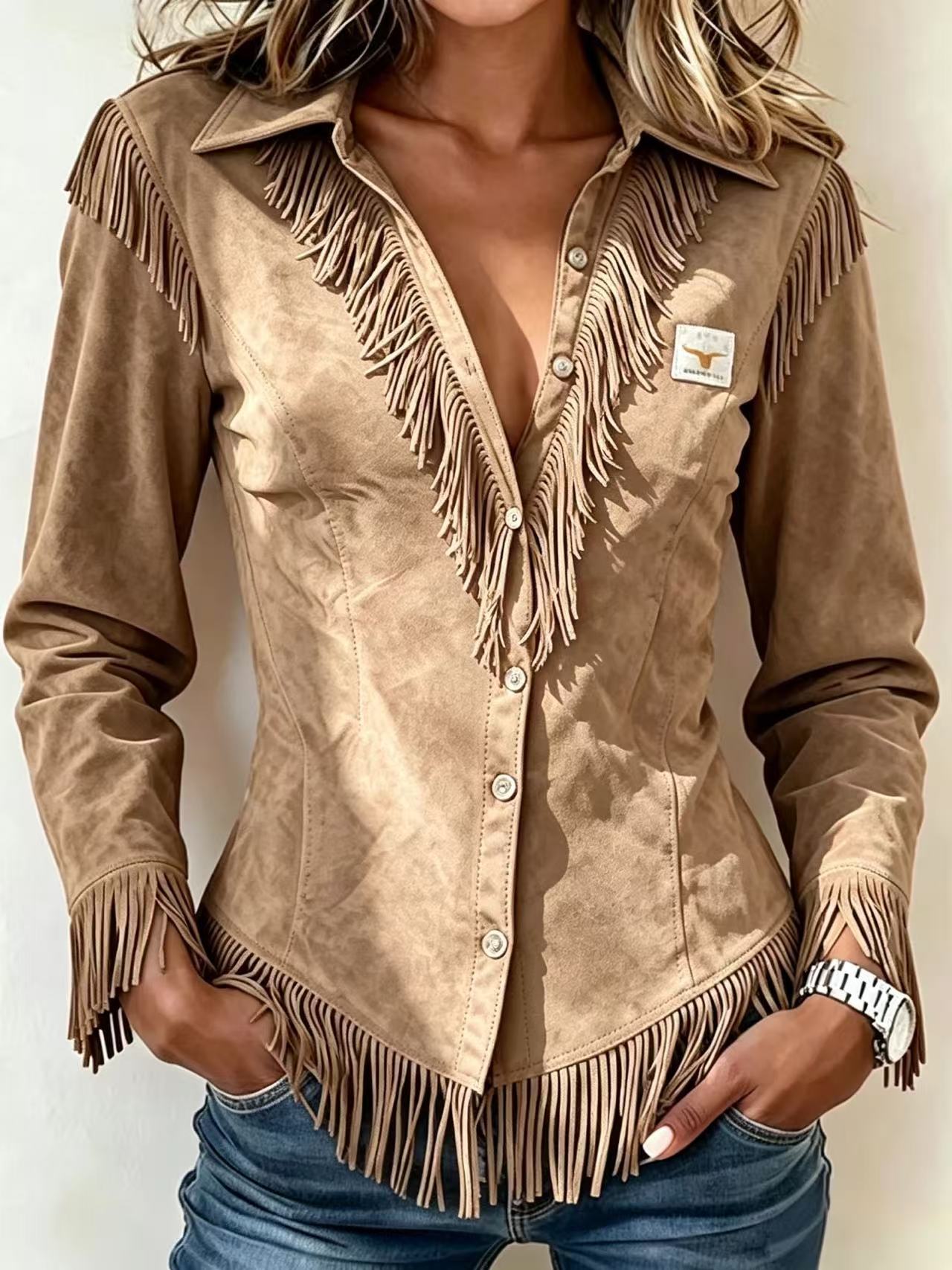 Western Cowboy-Style Suede Fringe Slim-Fit Long-Sleeve Shirt