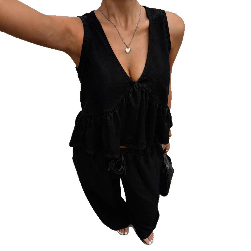 Women's Casual V-Neck Sleeveless Top And Pants Set