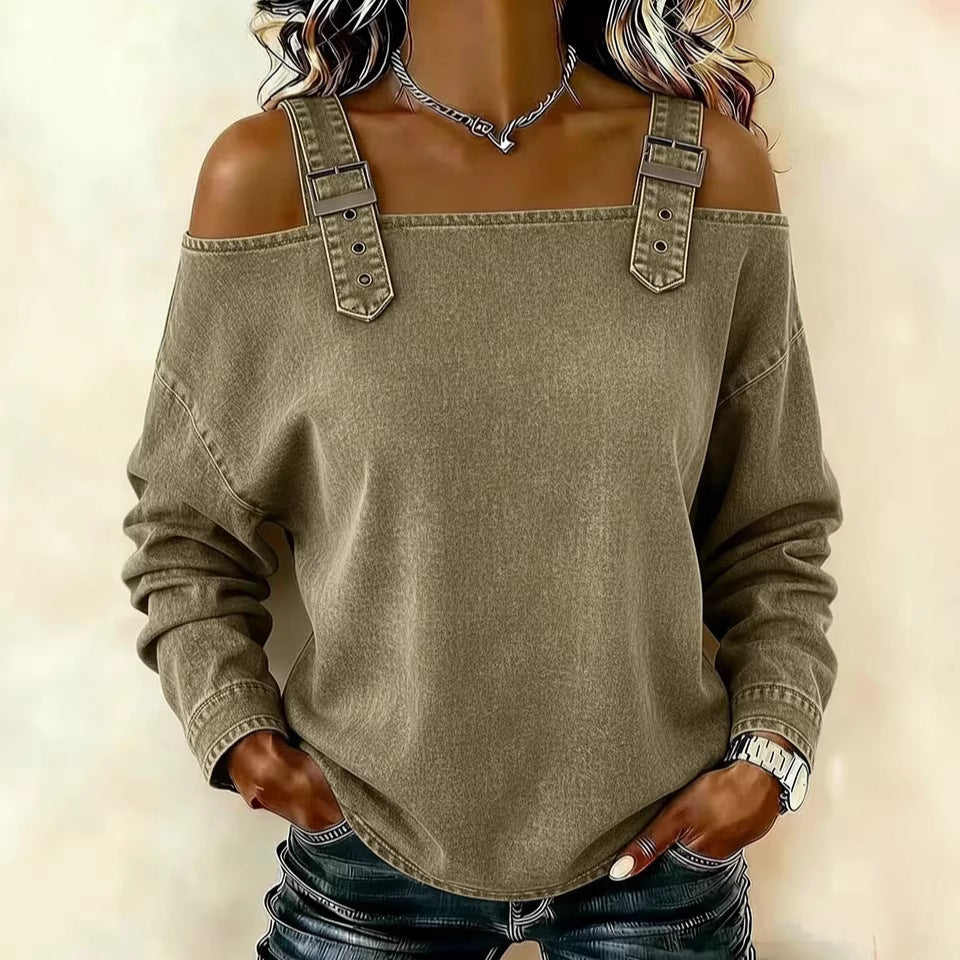Halter-neck Off-shoulder Long-sleeve Top