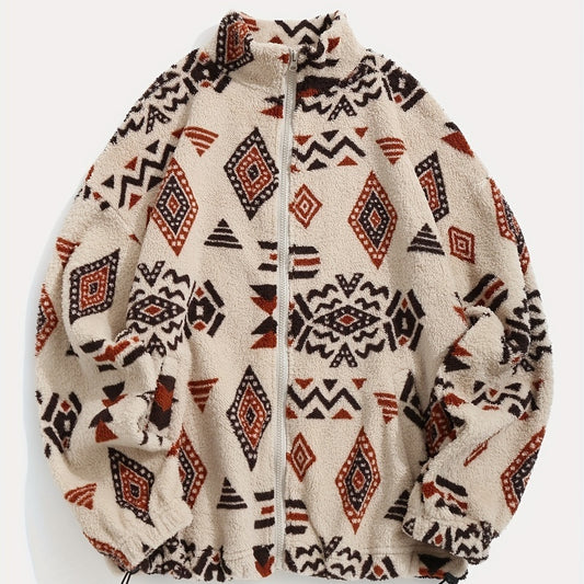 Boho Geometric Print Polar Fleece Coat - Ultra-Soft Plush Loose Fit Jacket with Fur Collar (Apricot/Caramel/Green)