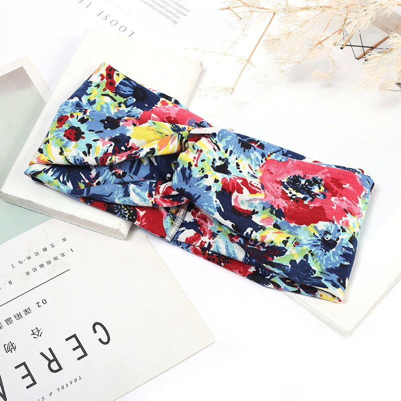 Sweat-absorbent And Anti-perspirant Bundled Headband With Wide-brimmed Print Headband