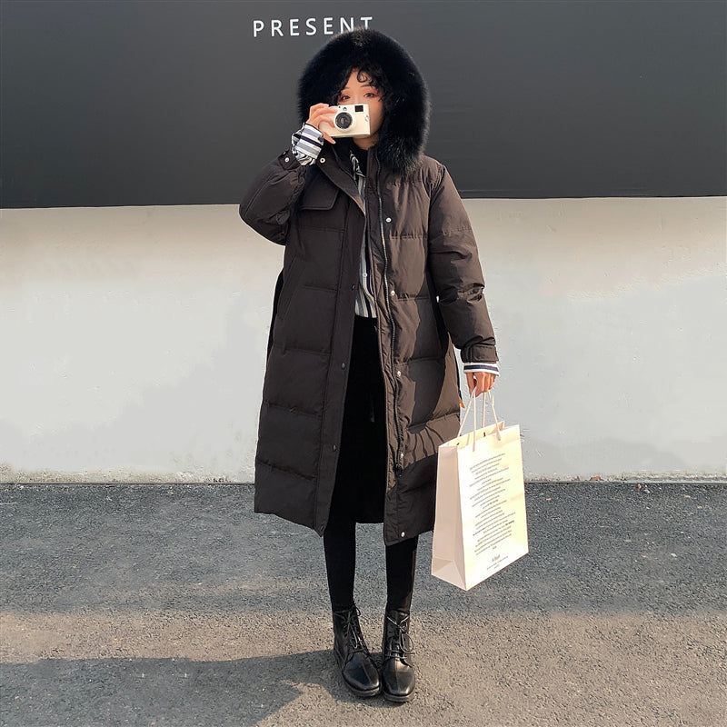 Korean Long Down Jacket with Fur Collar for Women
