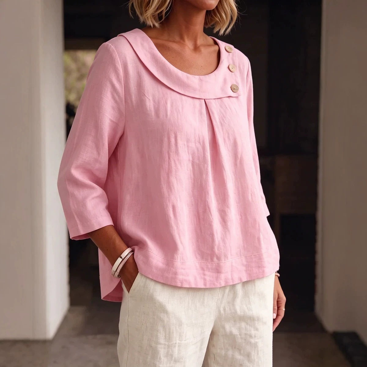 Casual Round-neck Shirt, Loose-fitting Top For Women
