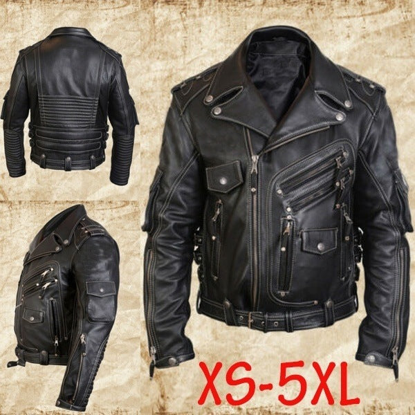 Men's Leather Jacket with Zipper and Multi-Pockets