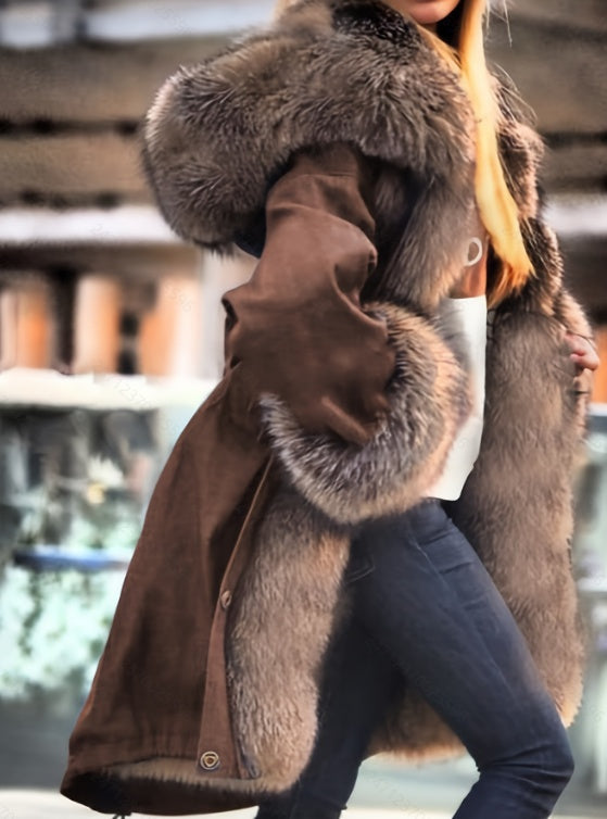 Long-sleeved Oversized Coat With A Fur Collar And Hood