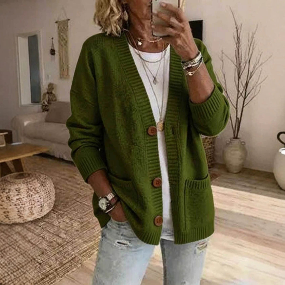 Womens Loose-fit V-neck Knit Sweater Jacket