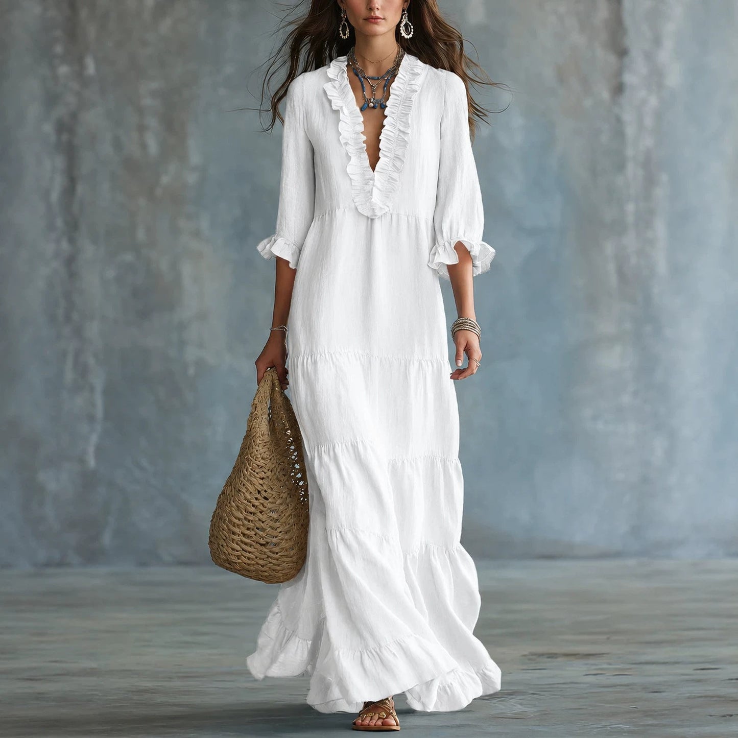 Womens V-neck Layered Casual Flowing Maxi Dress With Ruffled Hem