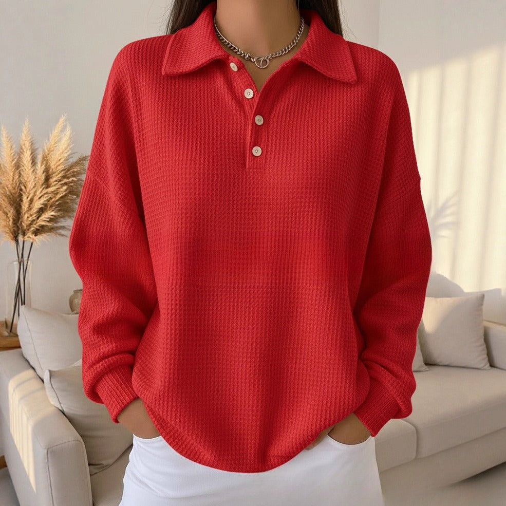 Loose Solid Color Versatile Lapel Polo Shirt Waffle Long Sleeve