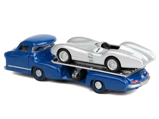 Mercedes-Benz Renntransporter Flatbed Truck Blue and 1954 Mercedes-Benz W196 #1 Silver Metallic 1/64 Diecast Model Car by Norev